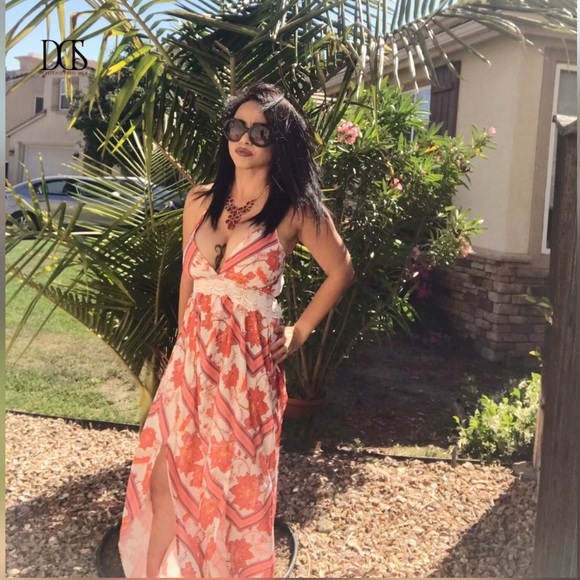 Sassy - Red Floral Maxi Dress w/ Lace Trim - Picture 6 of 8